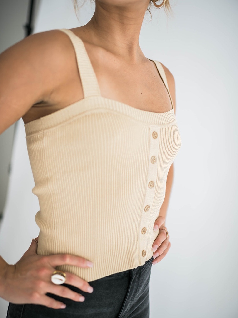 Cream Ribbed Button-Front Square Neck Tank